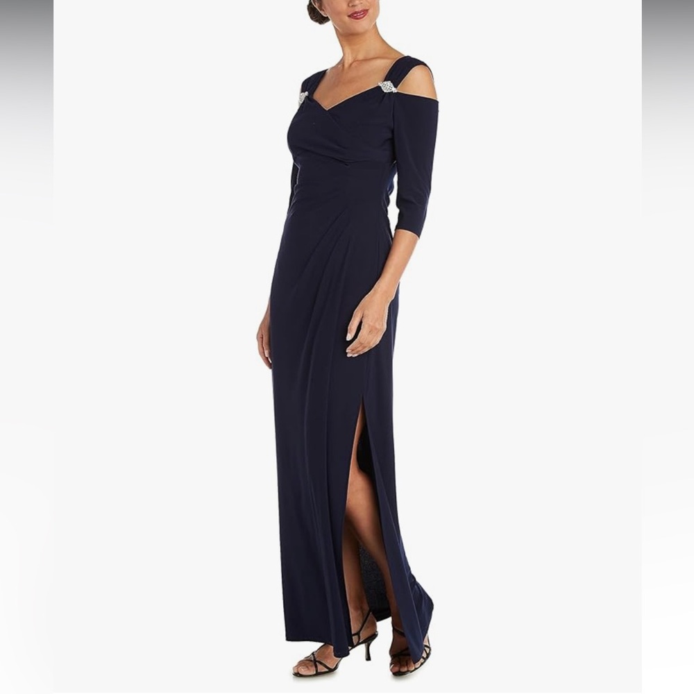 R&M Richards Gathered Off The Shoulder V-Neck Gown - Navy